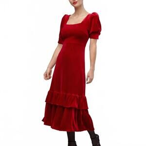 NWT Rachel Parcell Cherry Red Velvet Puff Sleeve Peplum Midi Dress Size XS
